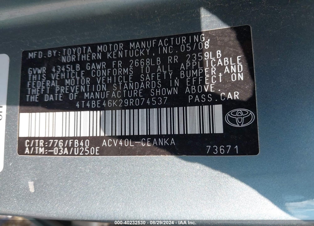 2009 TOYOTA CAMRY VIN: 4T4BE46K29R074537