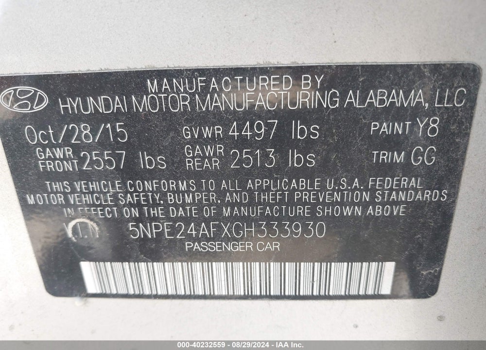 2016 HYUNDAI SONATA VIN: 5NPE24AFXGH333930