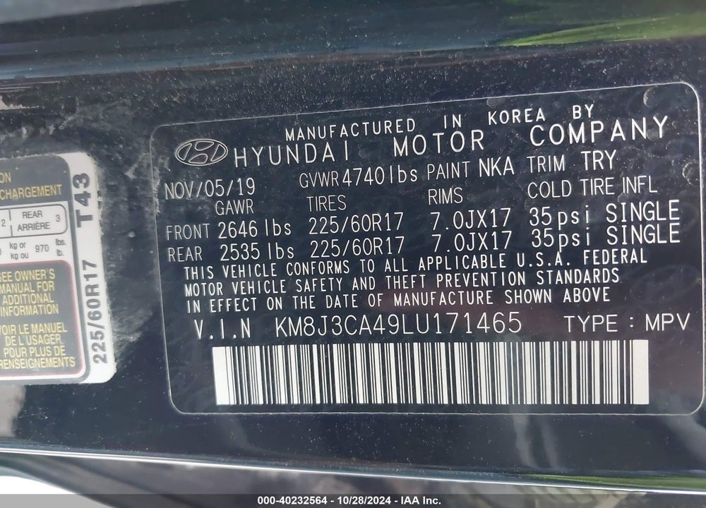 2020 HYUNDAI TUCSON VALUE VIN: KM8J3CA49LU171465