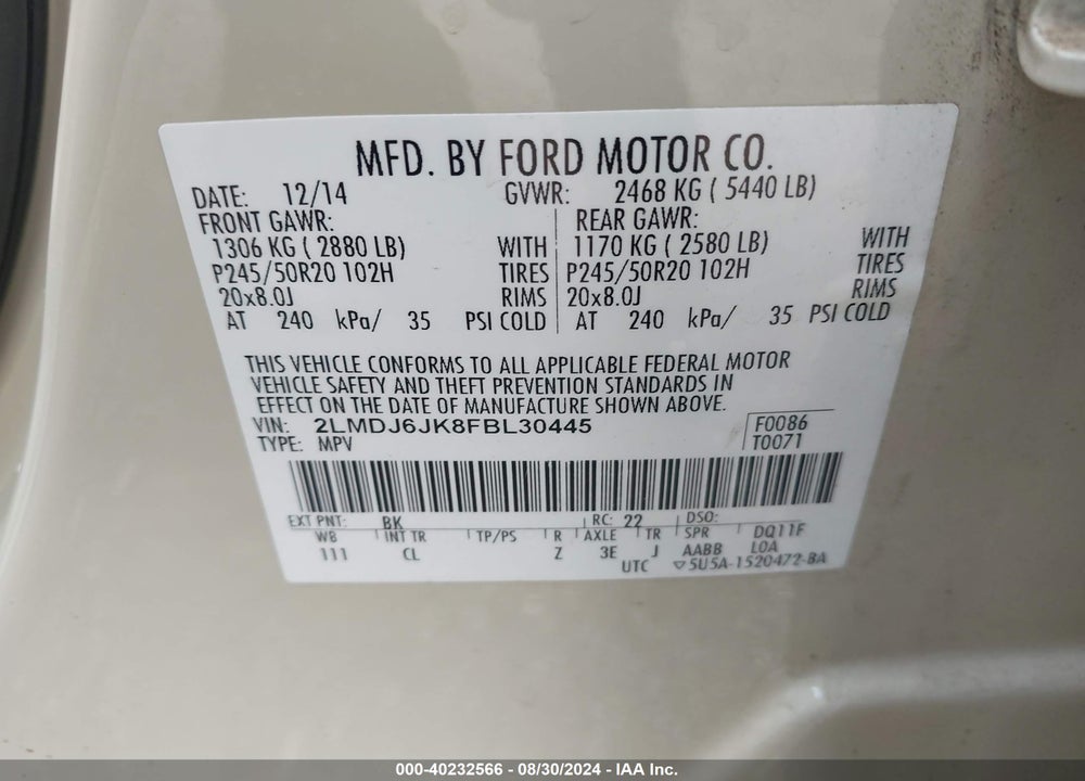 2015 LINCOLN MKX VIN: 2LMDJ6JK8FBL30445
