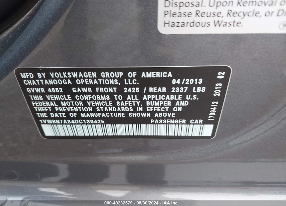 2013 VOLKSWAGEN PASSAT 2.0L TDI SE VIN: 1VWBN7A34DC130425