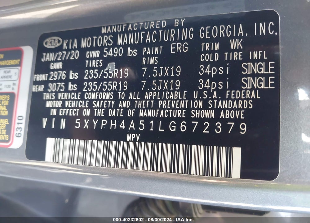 2020 KIA SORENTO 3.3L EX VIN: 5XYPH4A51LG672379