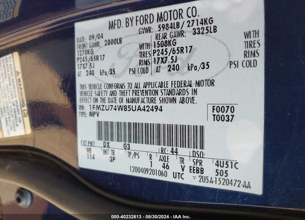 2005 FORD EXPLORER EDDIE BAUER VIN: 1FMZU74W85UA42494