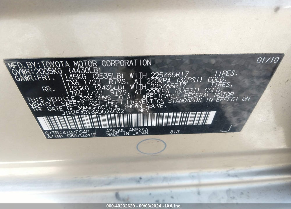 2010 TOYOTA RAV4 VIN: JTMZF4DV3AD024032