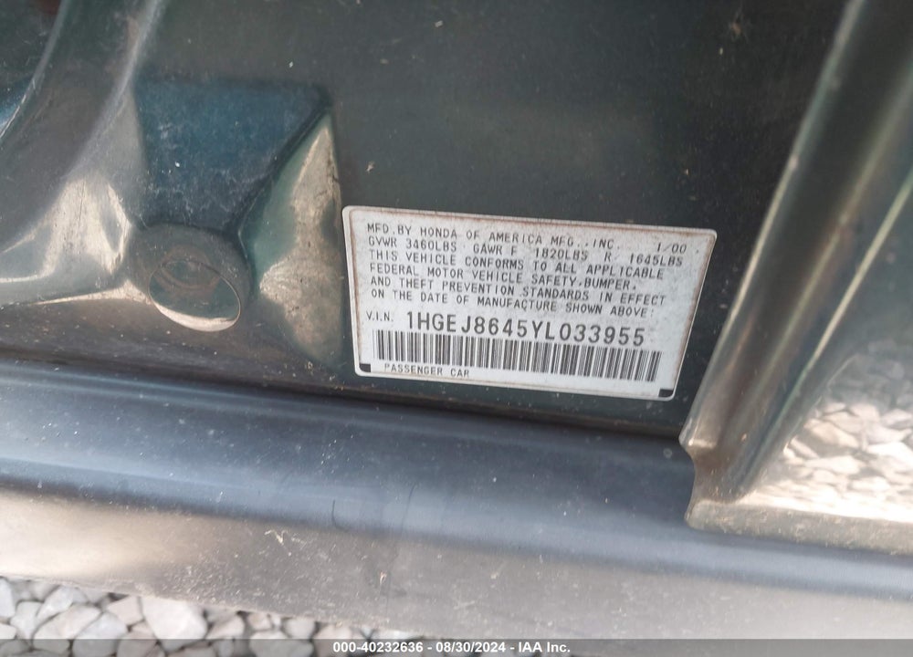 2000 HONDA CIVIC EX VIN: 1HGEJ8645YL033955