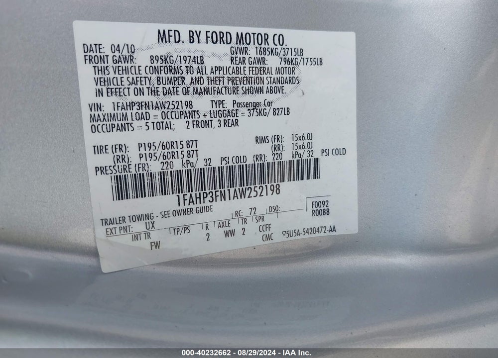 2010 FORD FOCUS SE VIN: 1FAHP3FN1AW252198