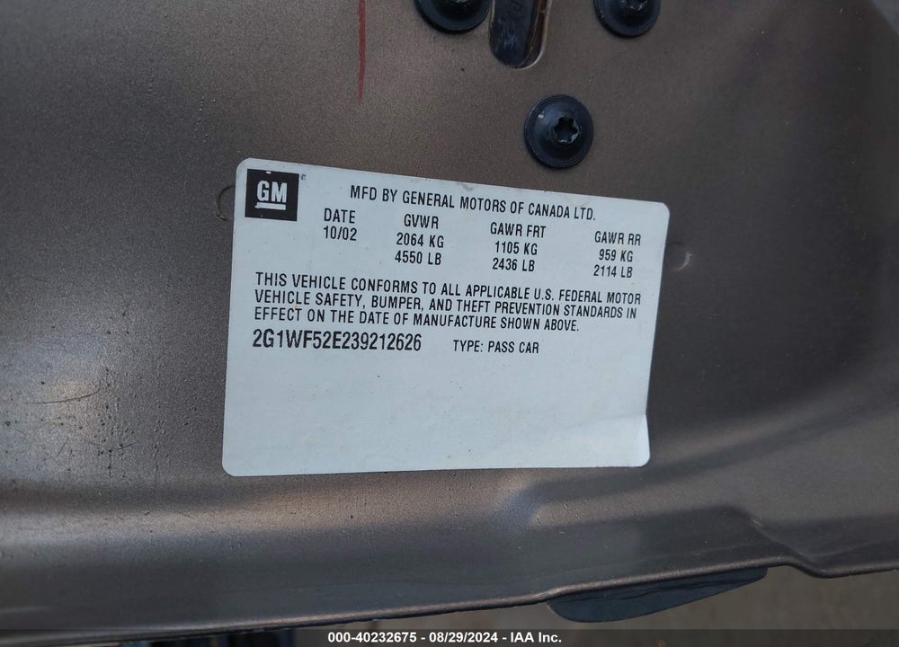 2003 CHEVROLET IMPALA VIN: 2G1WF52E239212626