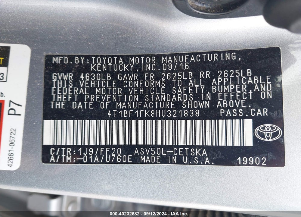 2017 TOYOTA CAMRY SE VIN: 4T1BF1FK8HU321838