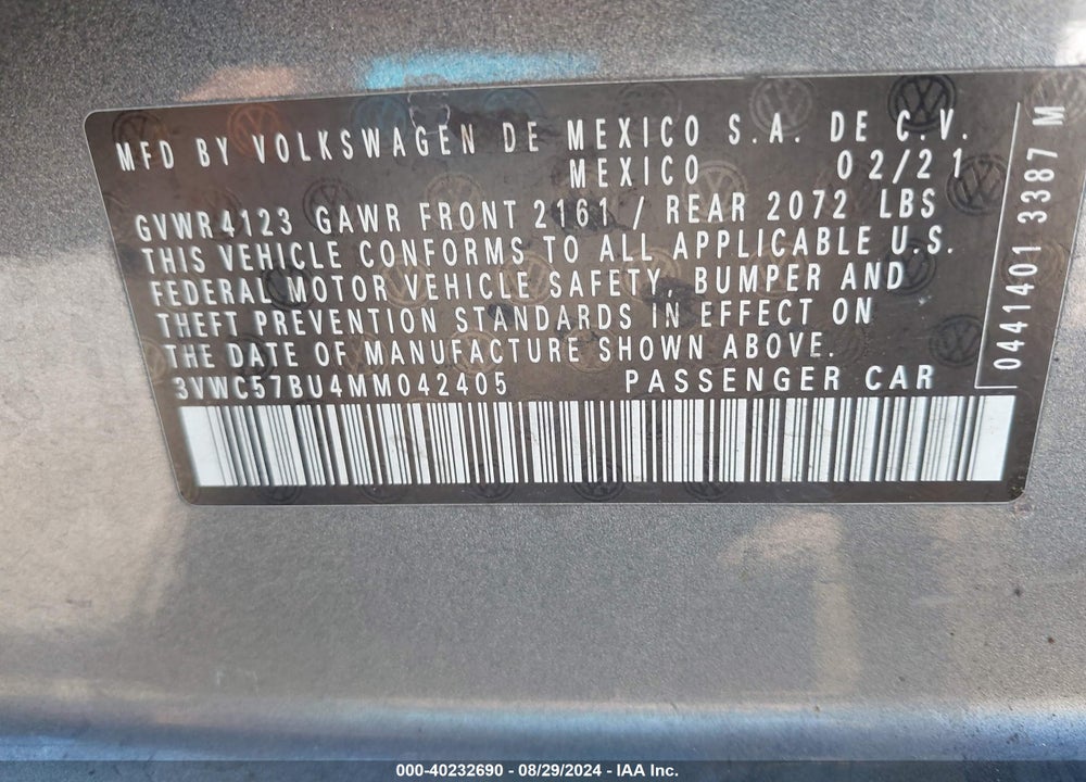 2021 VOLKSWAGEN JETTA VIN: 3VWC57BU4MM042405
