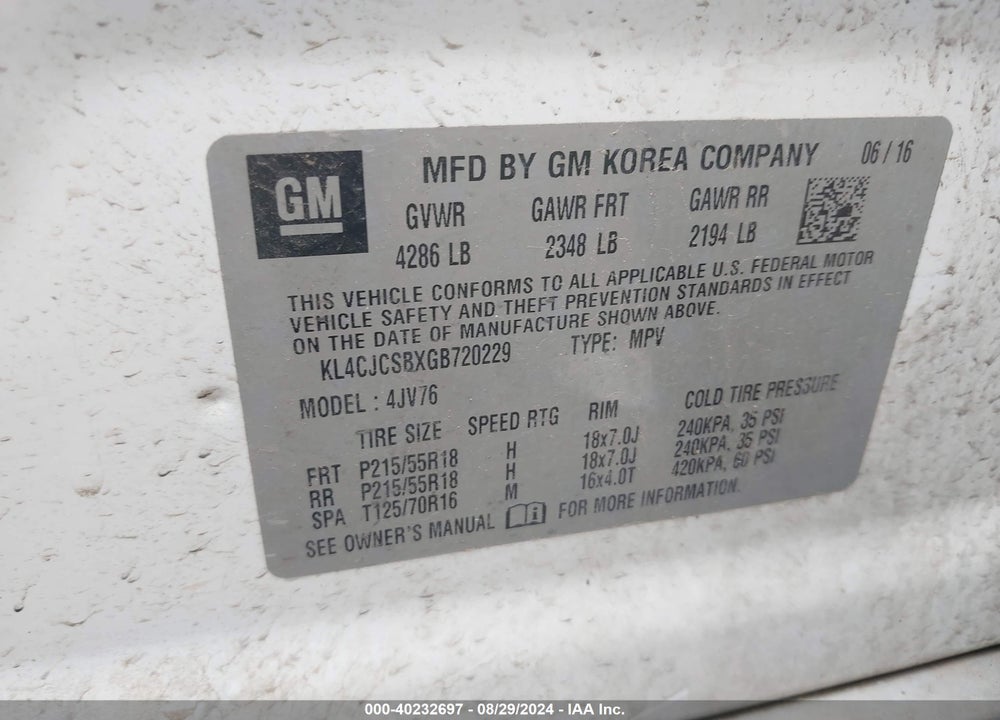 2016 BUICK ENCORE LEATHER VIN: KL4CJCSBXGB720229