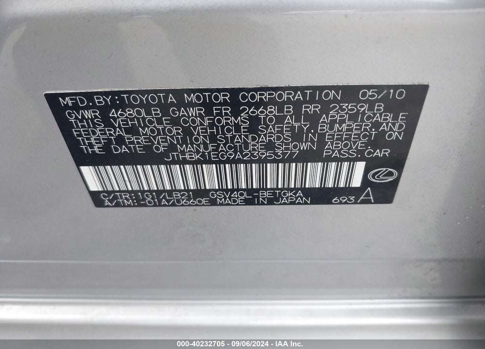 2010 LEXUS ES 350 VIN: JTHBK1EG9A2395377