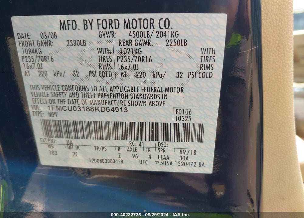 2008 FORD ESCAPE VIN: 1FMCU03188KD64913