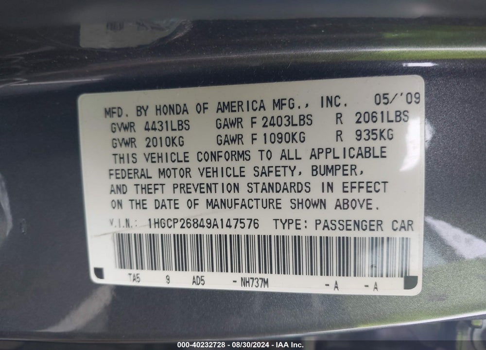 2009 HONDA ACCORD 2.4 EX-L VIN: 1HGCP26849A147576