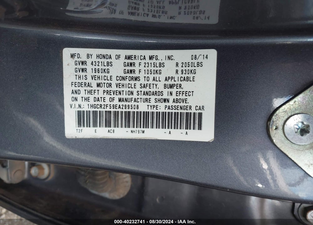2014 HONDA ACCORD SPORT VIN: 1HGCR2F59EA299508