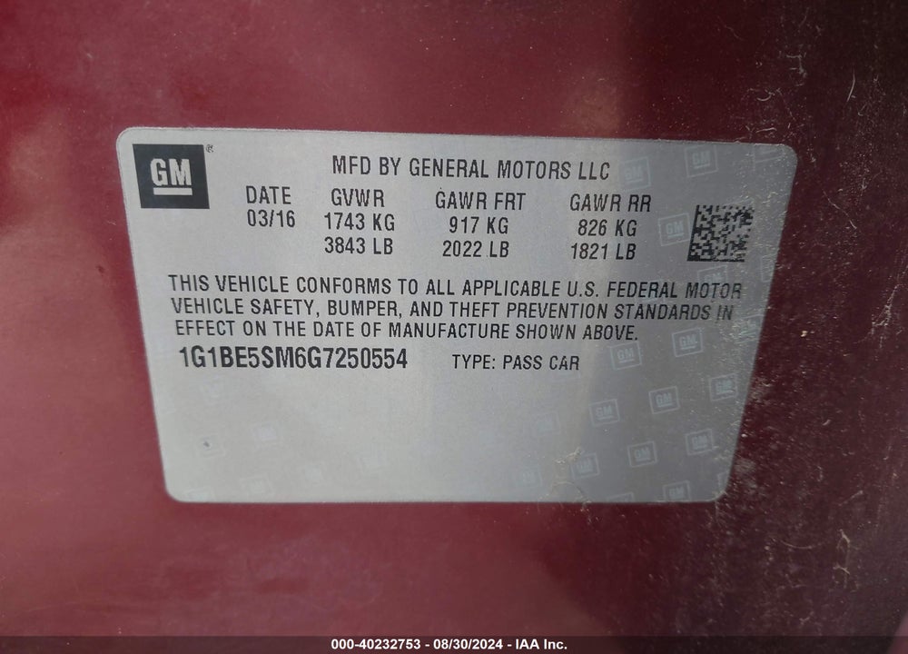 2016 CHEVROLET CRUZE LT AUTO VIN: 1G1BE5SM6G7250554