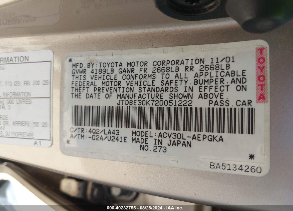 2002 TOYOTA CAMRY XLE VIN: JTDBE30K720051222