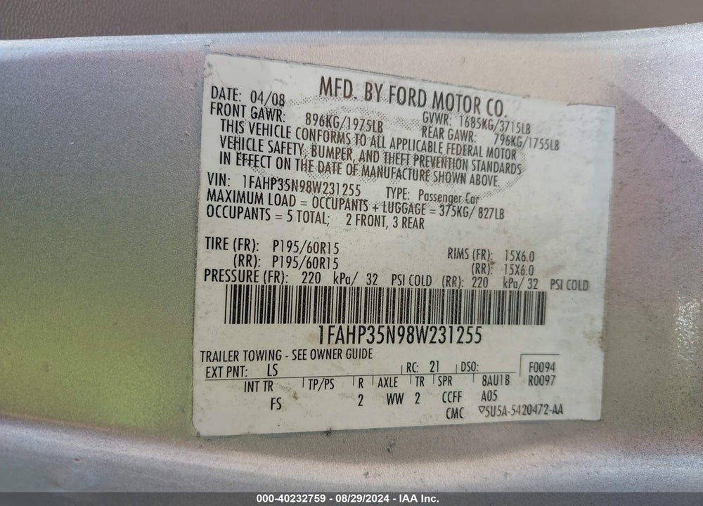 2008 FORD FOCUS SE/SES VIN: 1FAHP35N98W231255