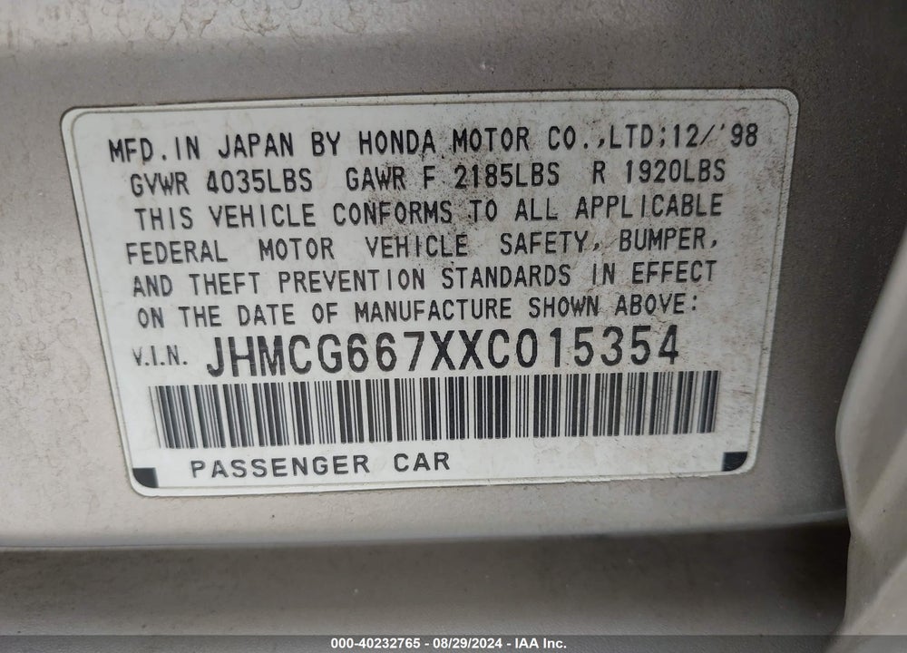 1999 HONDA ACCORD EX VIN: JHMCG667XXC015354