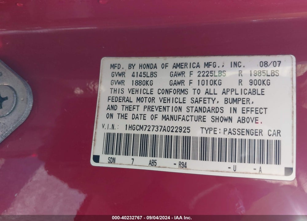 2007 HONDA ACCORD 2.4 EX VIN: 1HGCM72737A022925