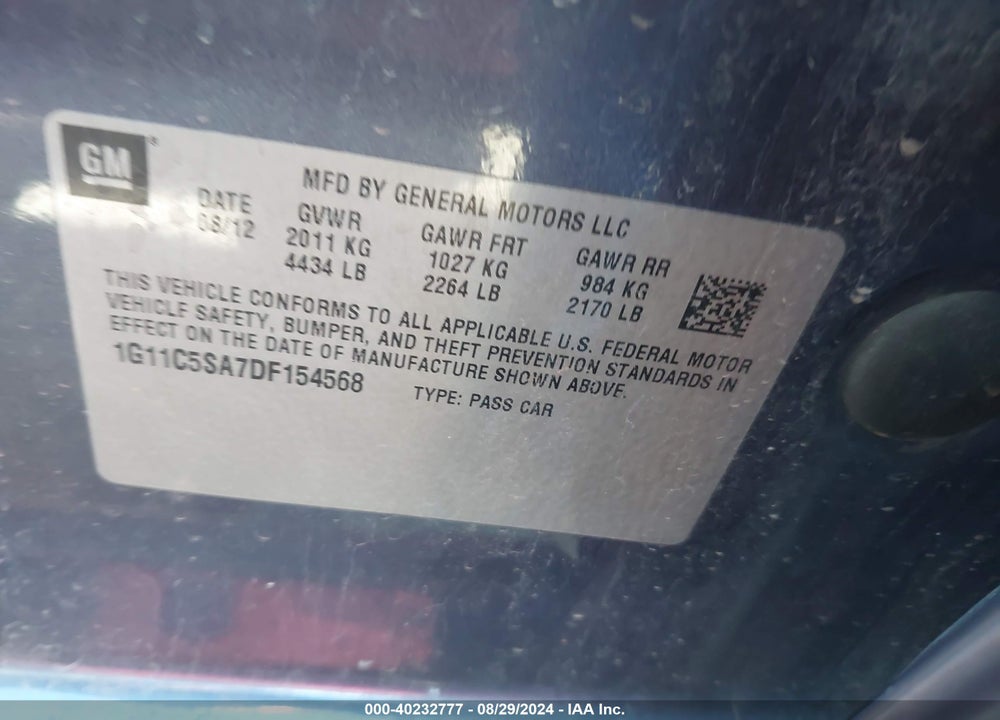 2013 CHEVROLET MALIBU 1LT VIN: 1G11C5SA7DF154568