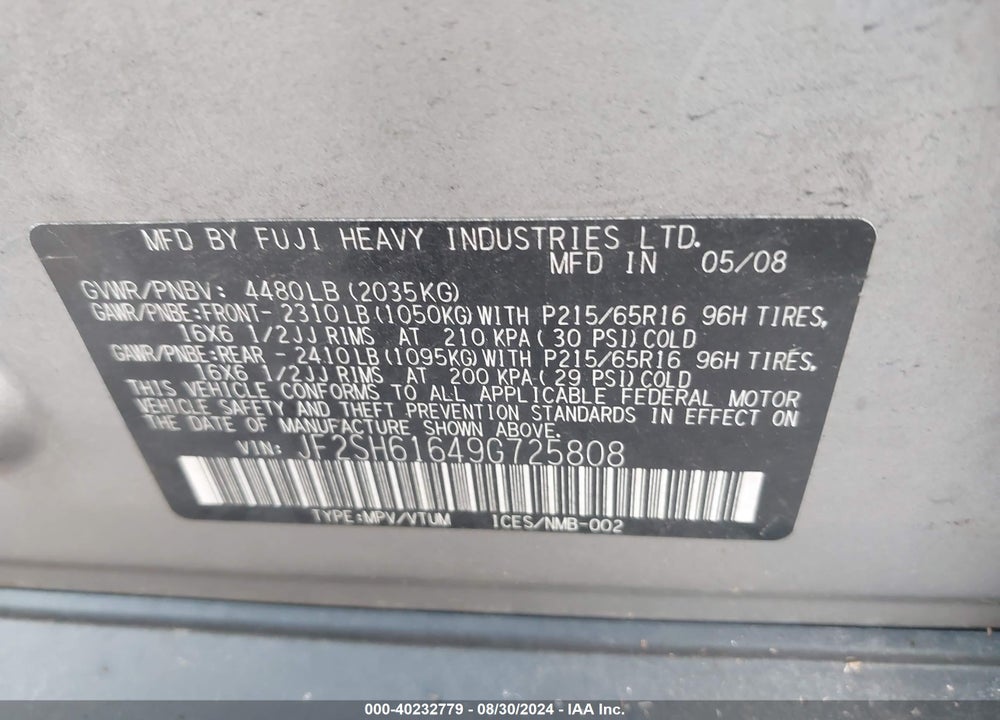 2009 SUBARU FORESTER 2.5X VIN: JF2SH61649G725808