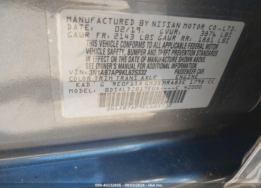2019 NISSAN SENTRA VIN: 3N1AB7AP9KL625332