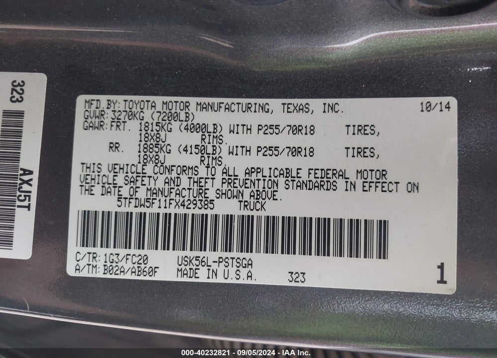 2015 TOYOTA TUNDRA SR5 5.7L V8 VIN: 5TFDW5F11FX429385