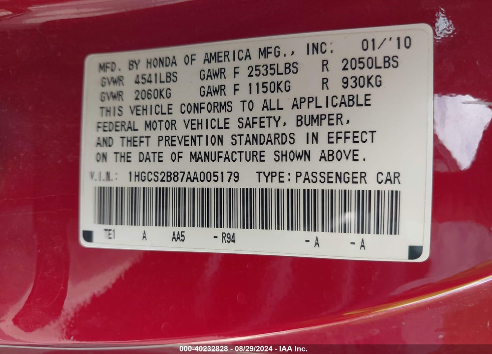 2010 HONDA ACCORD 3.5 EX-L VIN: 1HGCS2B87AA005179