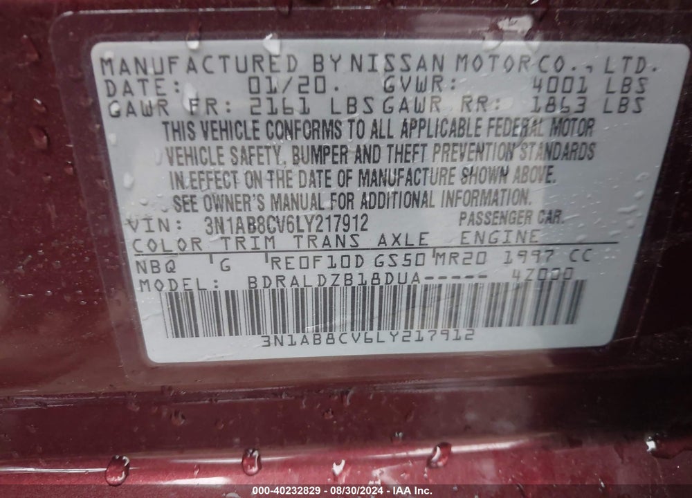 2020 NISSAN SENTRA SV XTRONIC CVT VIN: 3N1AB8CV6LY217912