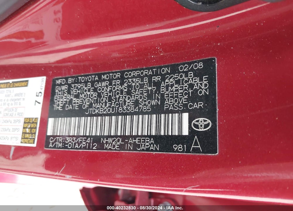2008 TOYOTA PRIUS VIN: JTDKB20U183384785
