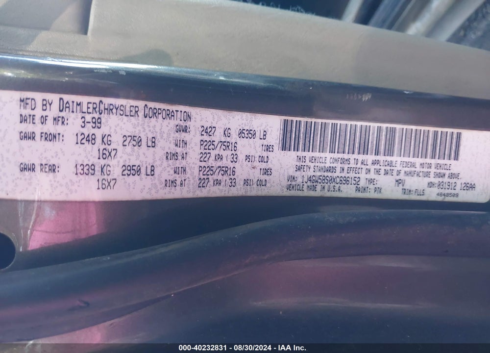 1999 JEEP GRAND CHEROKEE LAREDO VIN: 1J4GW58S0XC696152