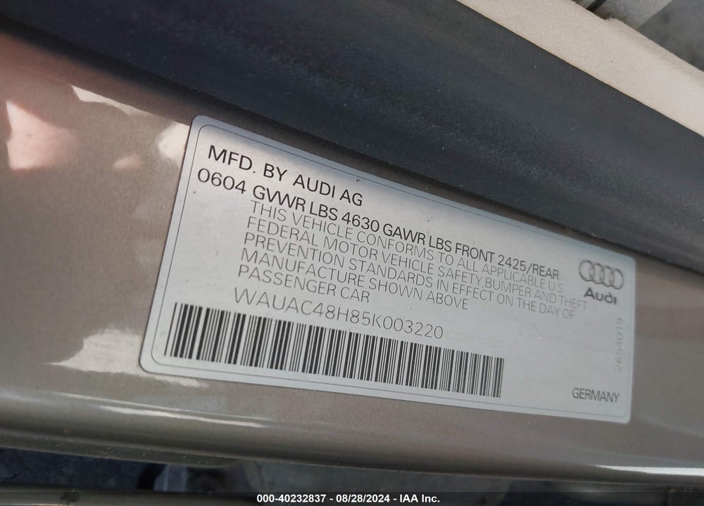 2005 AUDI A4 1.8T VIN: WAUAC48H85K003220