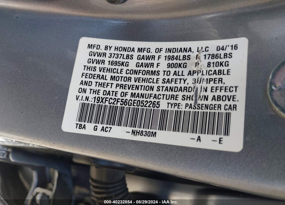 2016 HONDA CIVIC LX VIN: 19XFC2F56GE052265