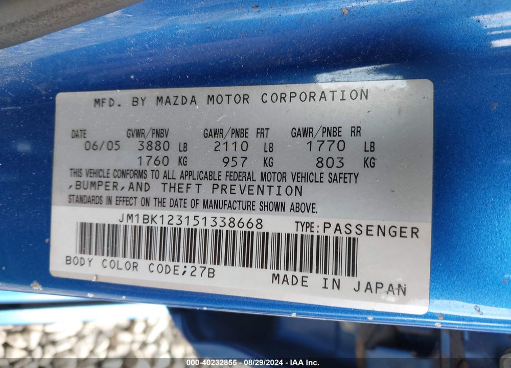2005 MAZDA 3 S VIN: JM1BK123151338668