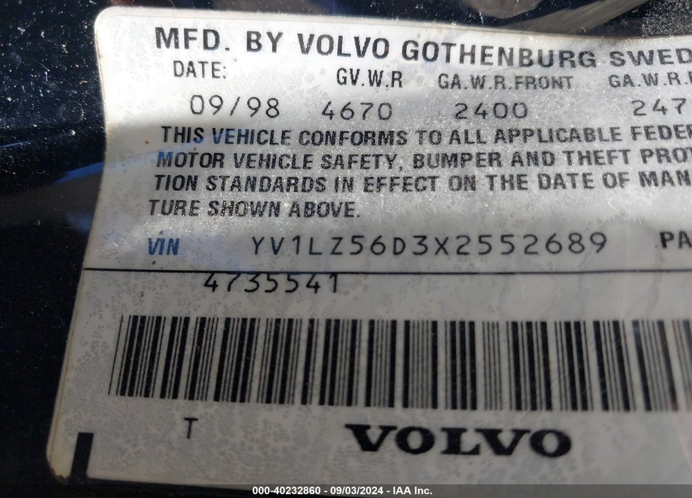 1999 VOLVO V70 XC VIN: YV1LZ56D3X2552689