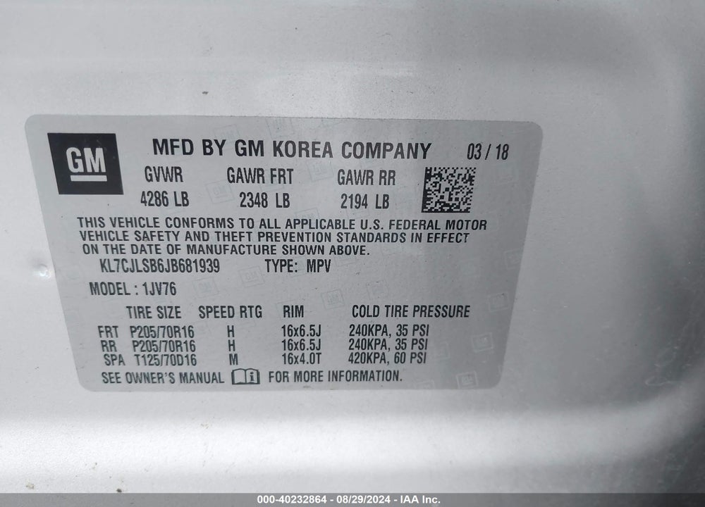 2018 CHEVROLET TRAX LT VIN: KL7CJLSB6JB681939
