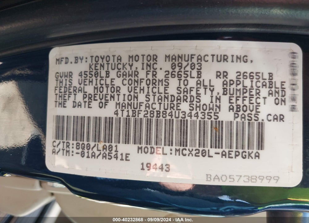 2004 TOYOTA AVALON XLS VIN: 4T1BF28B84U344355