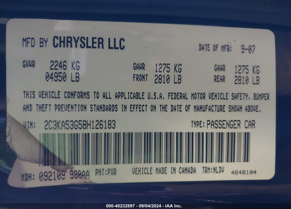 2008 CHRYSLER 300 TOURING VIN: 2C3KA53G58H126183