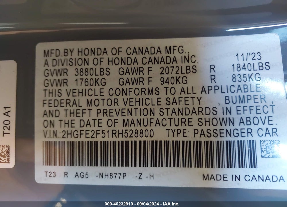 2024 HONDA CIVIC SPORT VIN: 2HGFE2F51RH528800