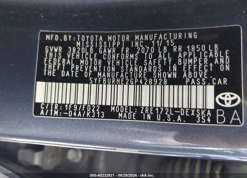 2016 TOYOTA COROLLA S PLUS VIN: 5YFBURHE2GP428928