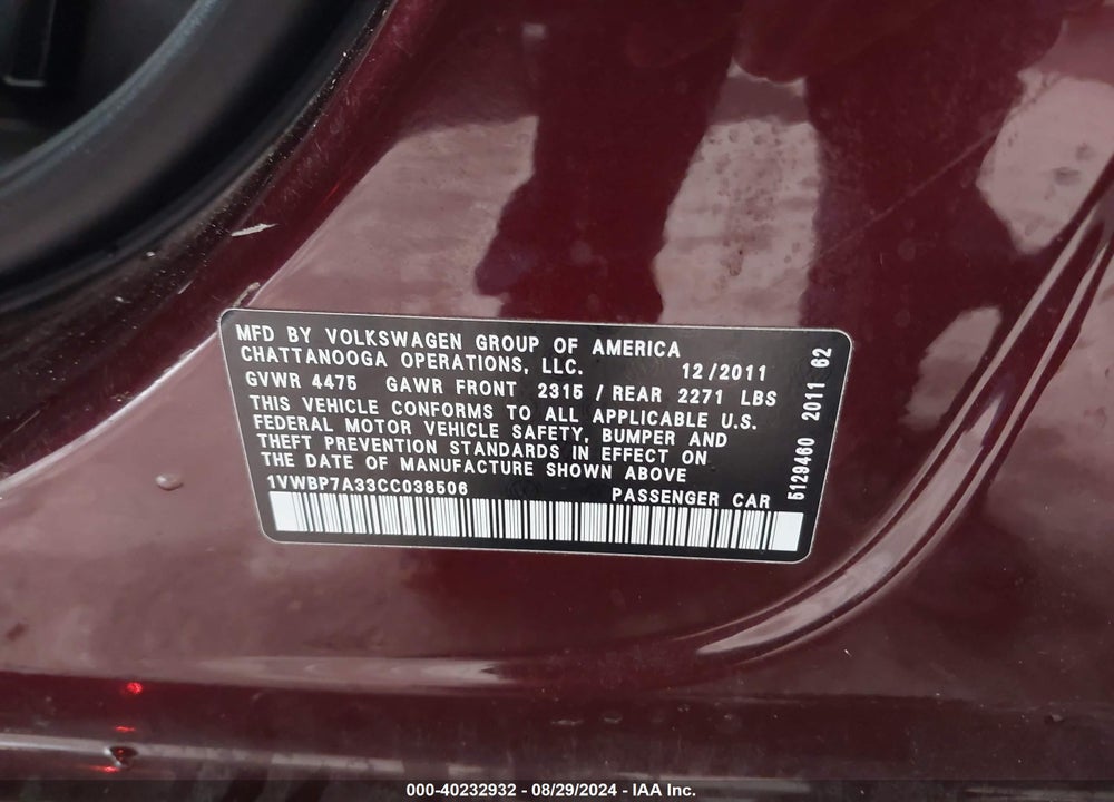 2012 VOLKSWAGEN PASSAT 2.5L SE VIN: 1VWBP7A33CC038506