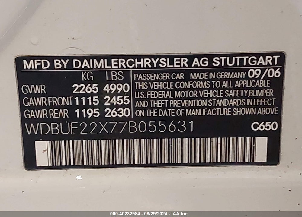 2007 MERCEDES-BENZ E 320 BLUETEC VIN: WDBUF22X77B055631