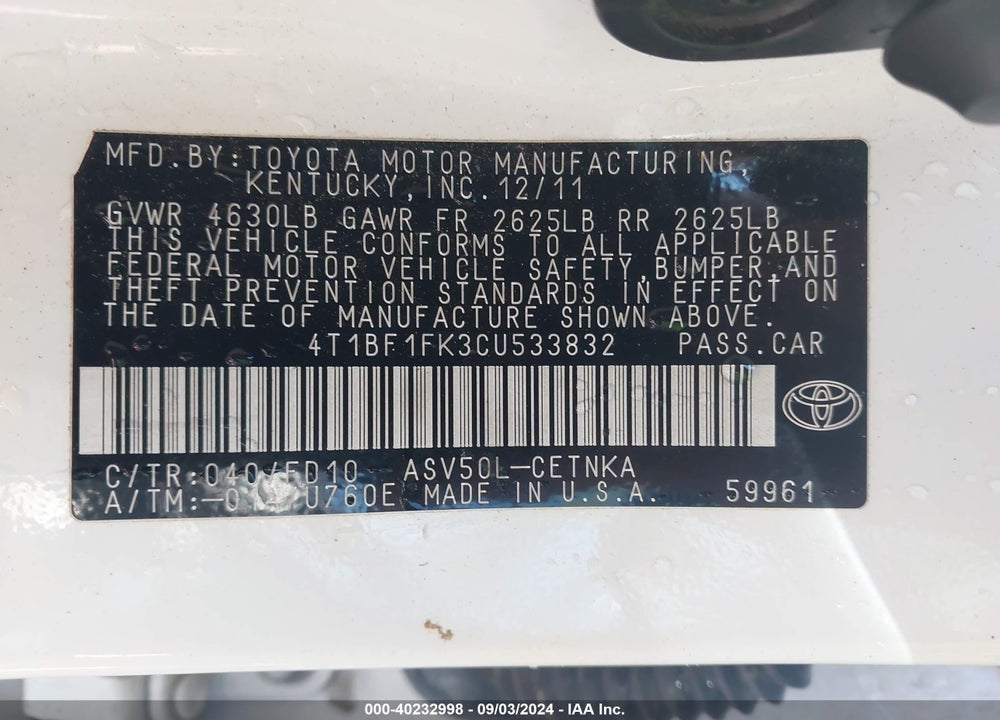 2012 TOYOTA CAMRY LE VIN: 4T1BF1FK3CU533832