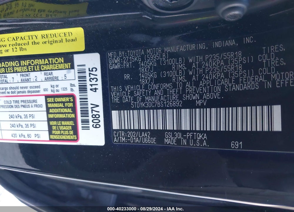 2011 TOYOTA SIENNA LIMITED V6 VIN: 5TDYK3DC7BS126892