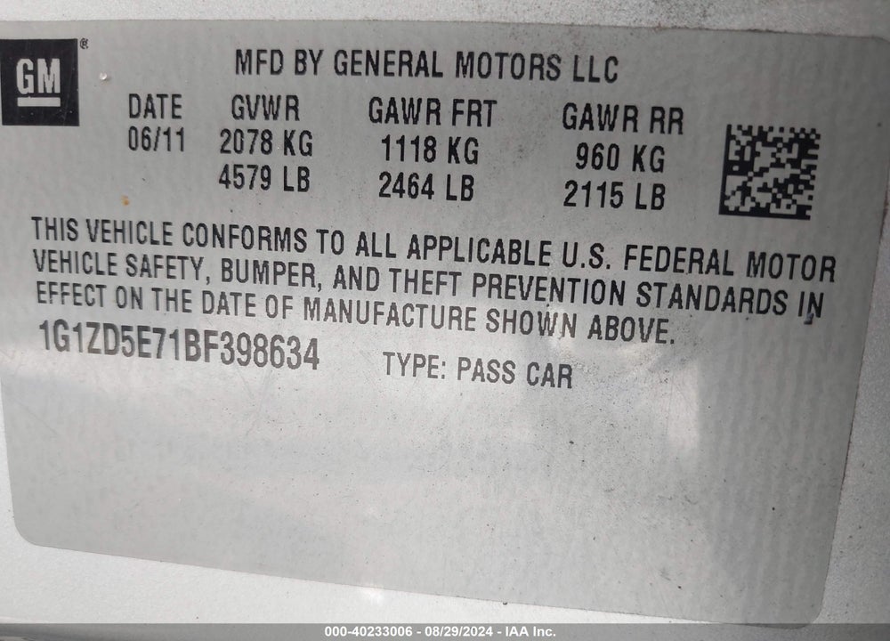 2011 CHEVROLET MALIBU 2LT VIN: 1G1ZD5E71BF398634
