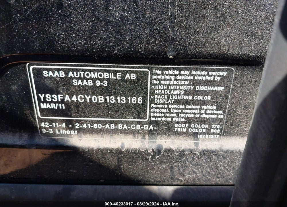2011 SAAB 9-3 TURBO4 VIN: YS3FA4CY0B1313166