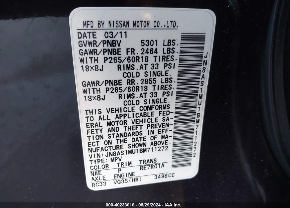 2011 INFINITI FX35 VIN: JN8AS1MU1BM711272
