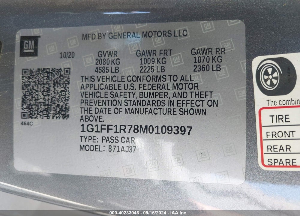 2021 CHEVROLET CAMARO RWD 1SS VIN: 1G1FF1R78M0109397