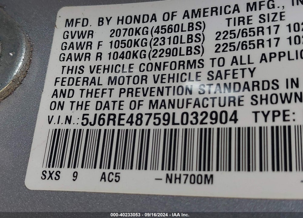 2009 HONDA CR-V EX-L VIN: 5J6RE48759L032904