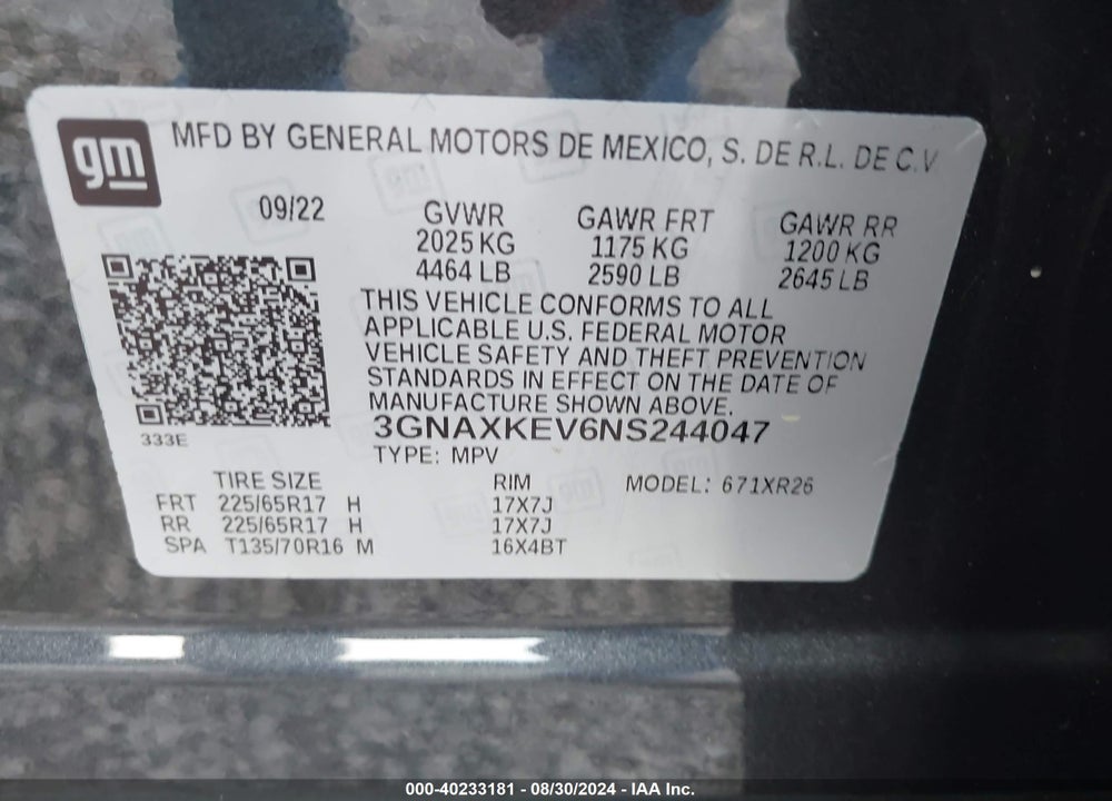 2022 CHEVROLET EQUINOX FWD LT VIN: 3GNAXKEV6NS244047